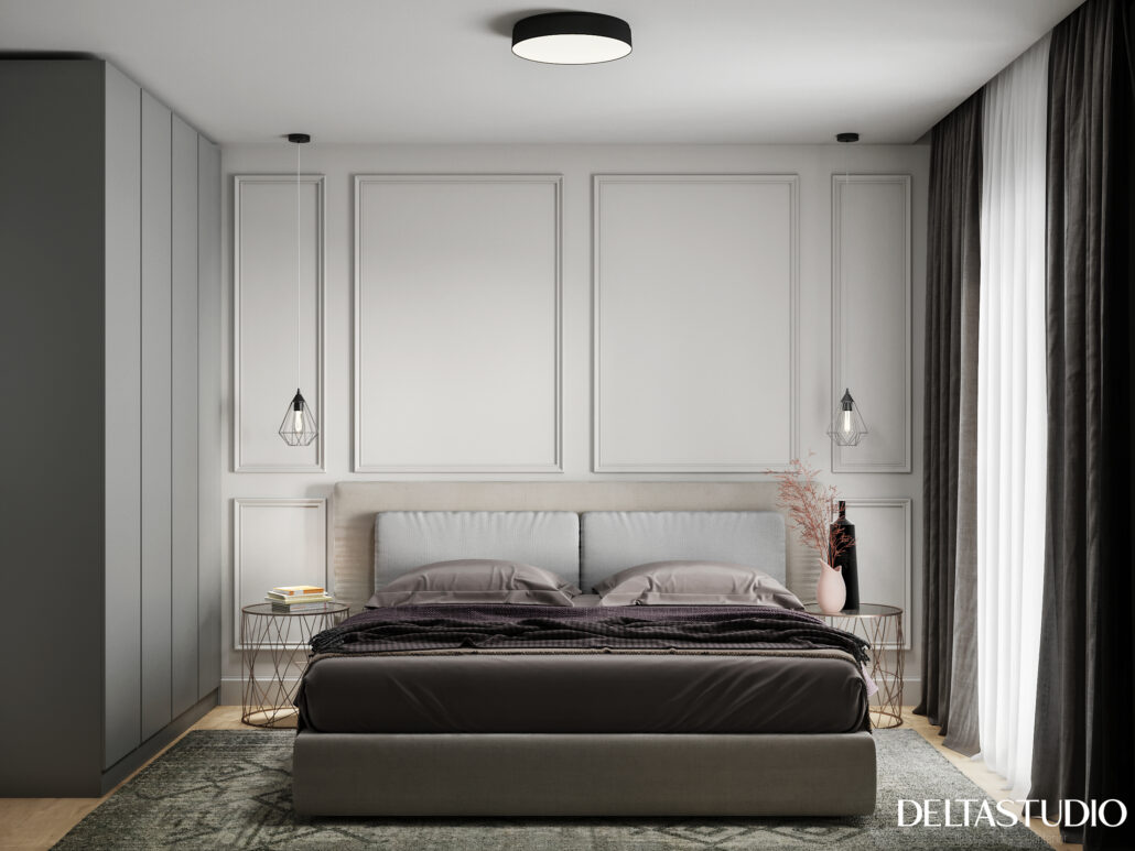 Amenajare dormitor matrimonial modern cu accente clasice gri - Delta Studio Design
