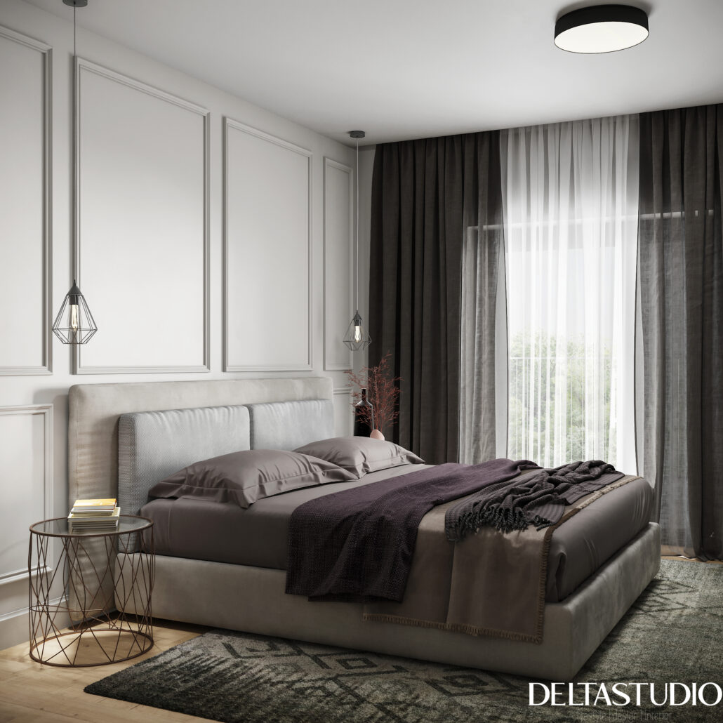 Amenajare dormitor matrimonial modern cu accente clasice gri - Delta Studio Design (2)