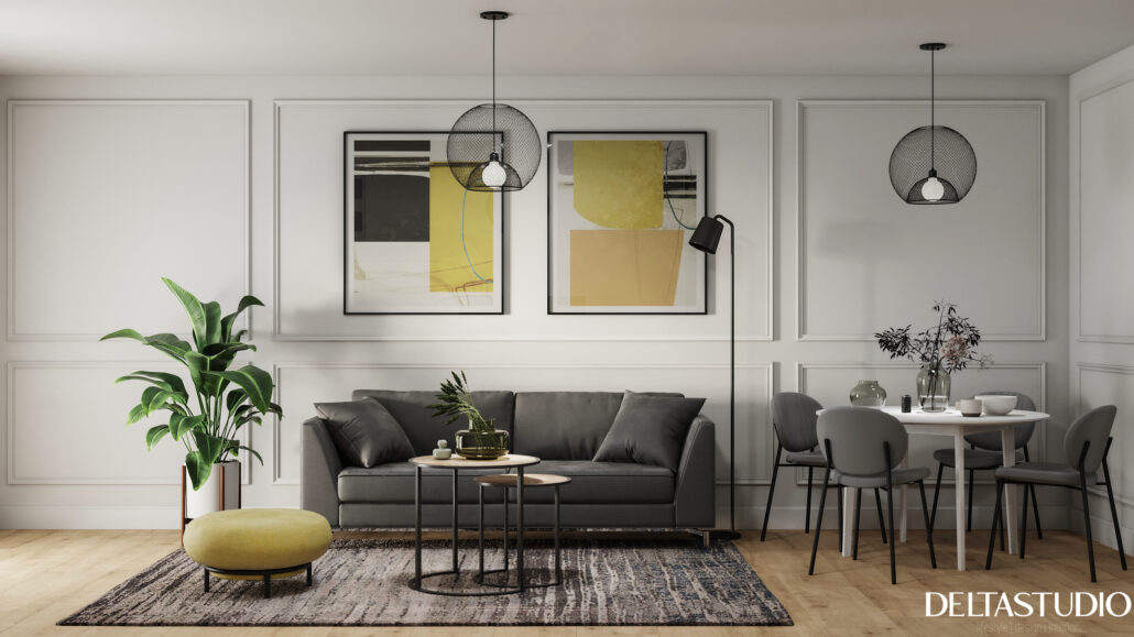 Amenajare living modern cu accente clasice gri galben negru - Delta Studio Design