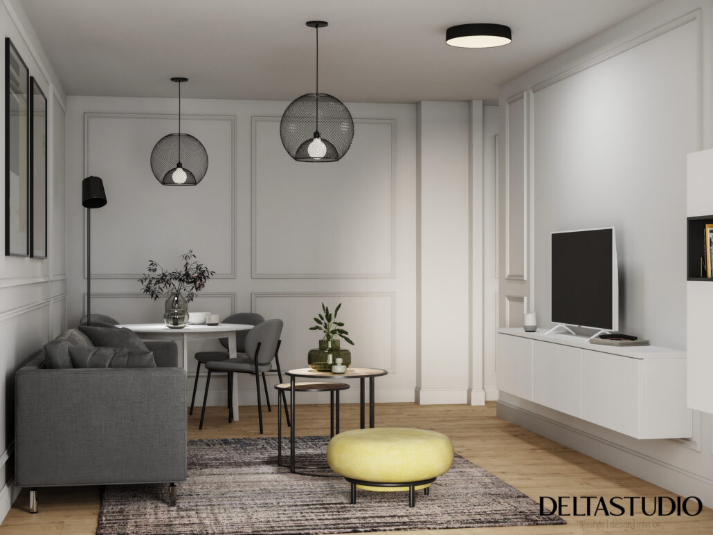Amenajare living modern cu accente clasice gri galben negru - Delta Studio Design 