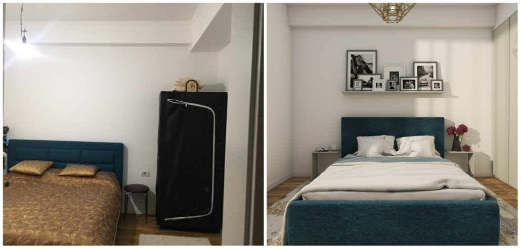 Dormitor oaspeti pat bleumarin - apartament patru camere - Delta Studio Design