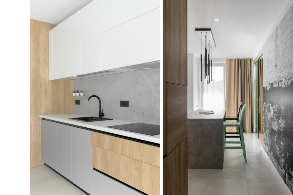 Apartament trei camere amenajare Sergiu Califar Pure Mess Design Bucuresti - bucatarie moderna cu insula din pal